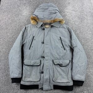 Burton Mark XIII Jacket Women's Medium Gray Plaid Down Fill Snowboard Fur Hood